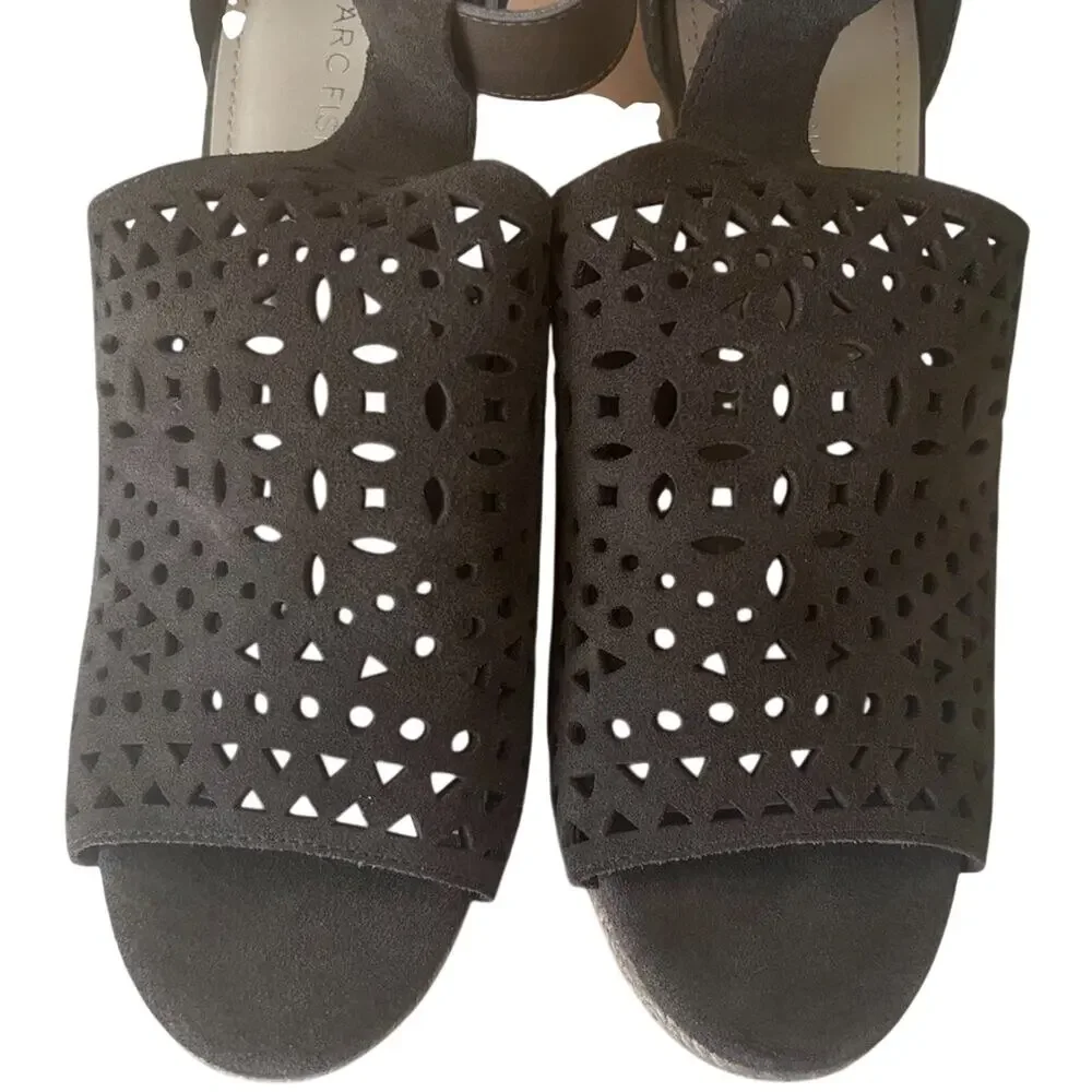 NEW Marc Fisher Hasina Olive Suede Laser Cut Espadrille Wedge Sandals Shoes